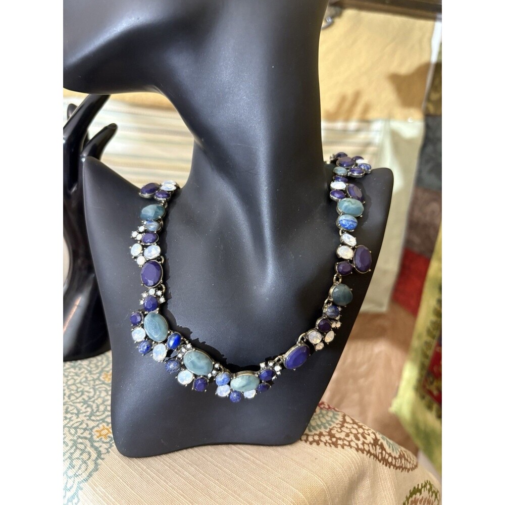 LOFT Multicolor Stone Statement Necklace Silver Tone Jewel Collar Chunky Blue J1